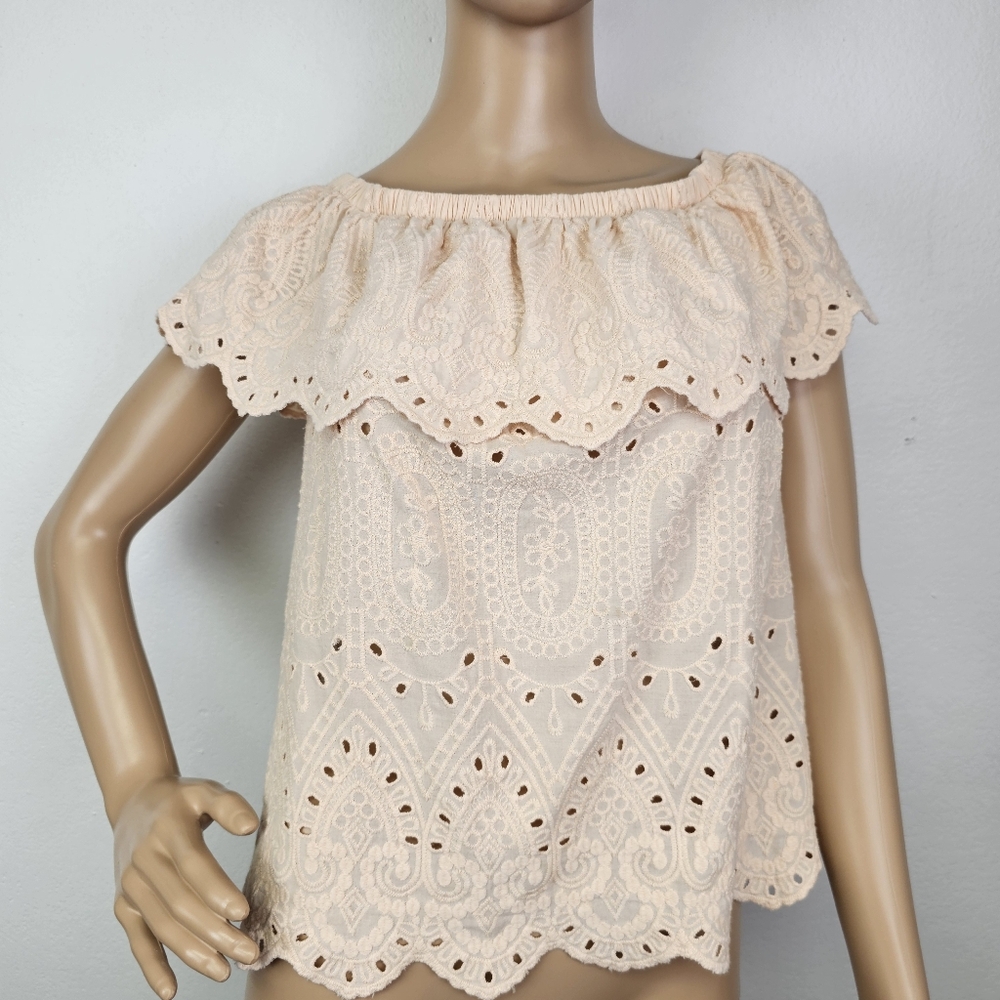 Peasant Eyelet Top Crop Ruffle  Pale Peach Elastic Neck Sz 10 Cottagecore Hippie